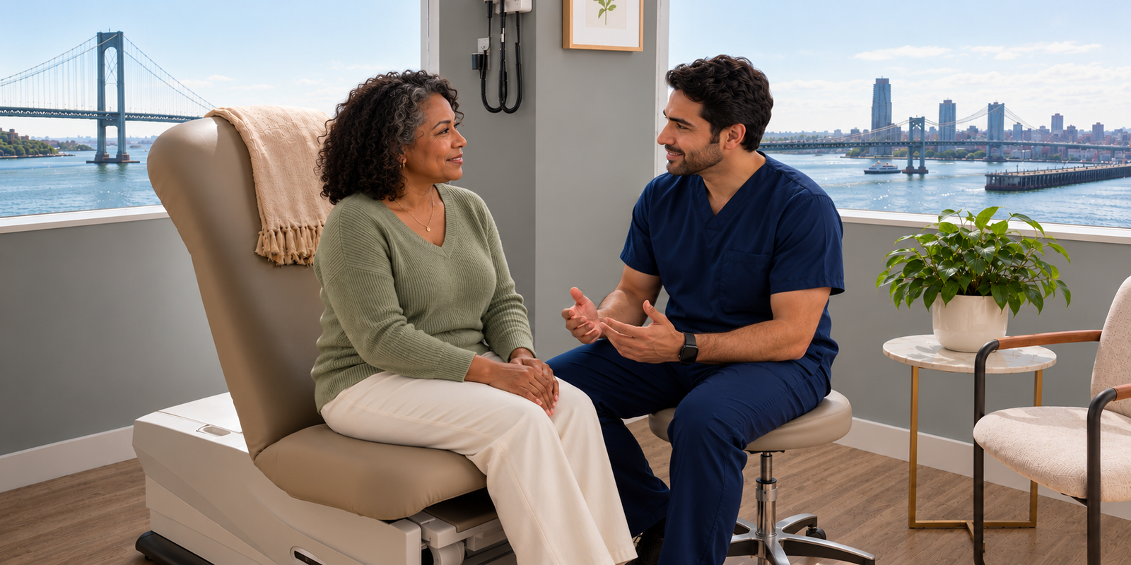 Clinician speaking with a patient in a modern clinic