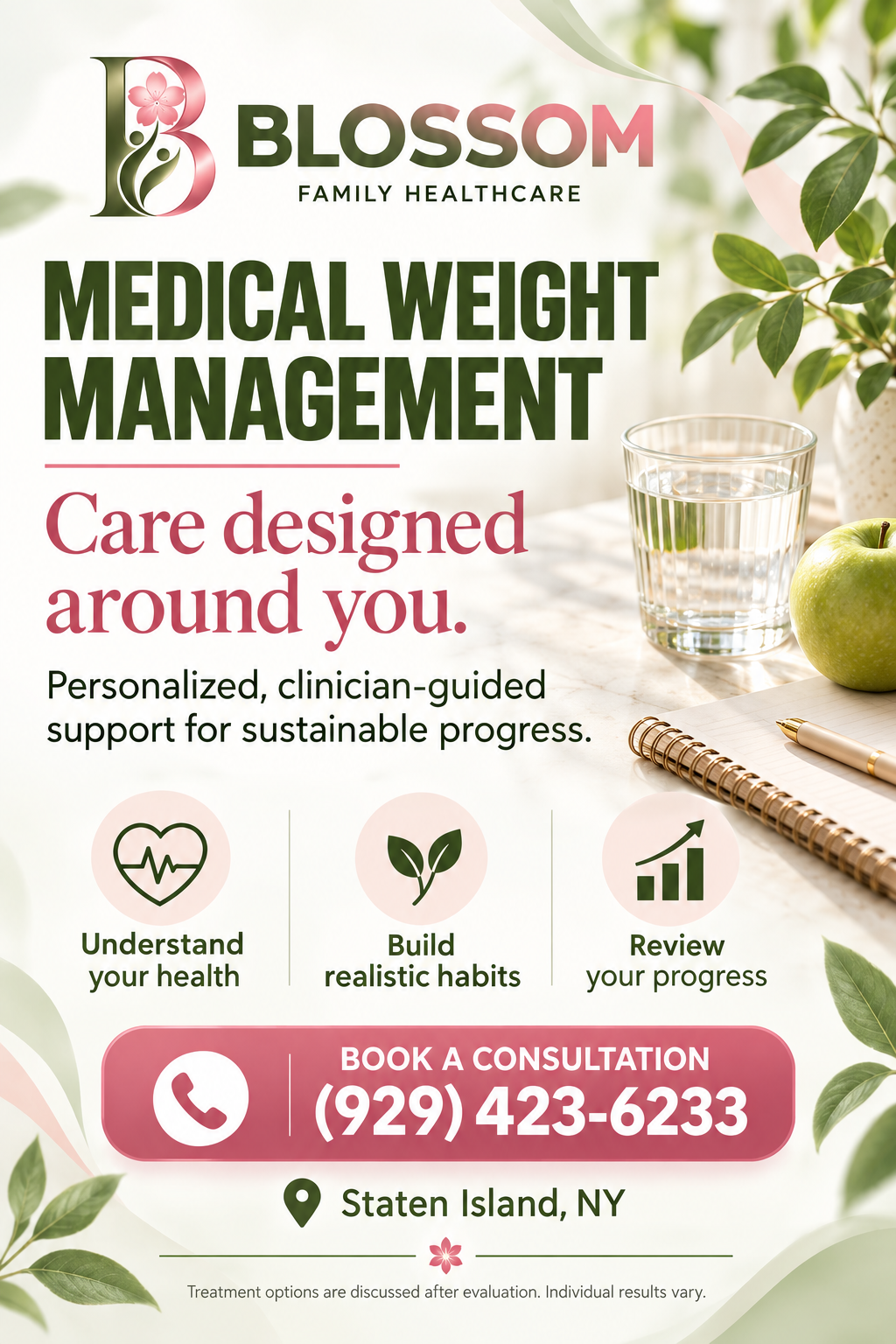 Blossom Family Healthcare medical weight management: personalized care, realistic habits, progress reviews, and consultation booking at (929) 423-6233 in Staten Island, NY.